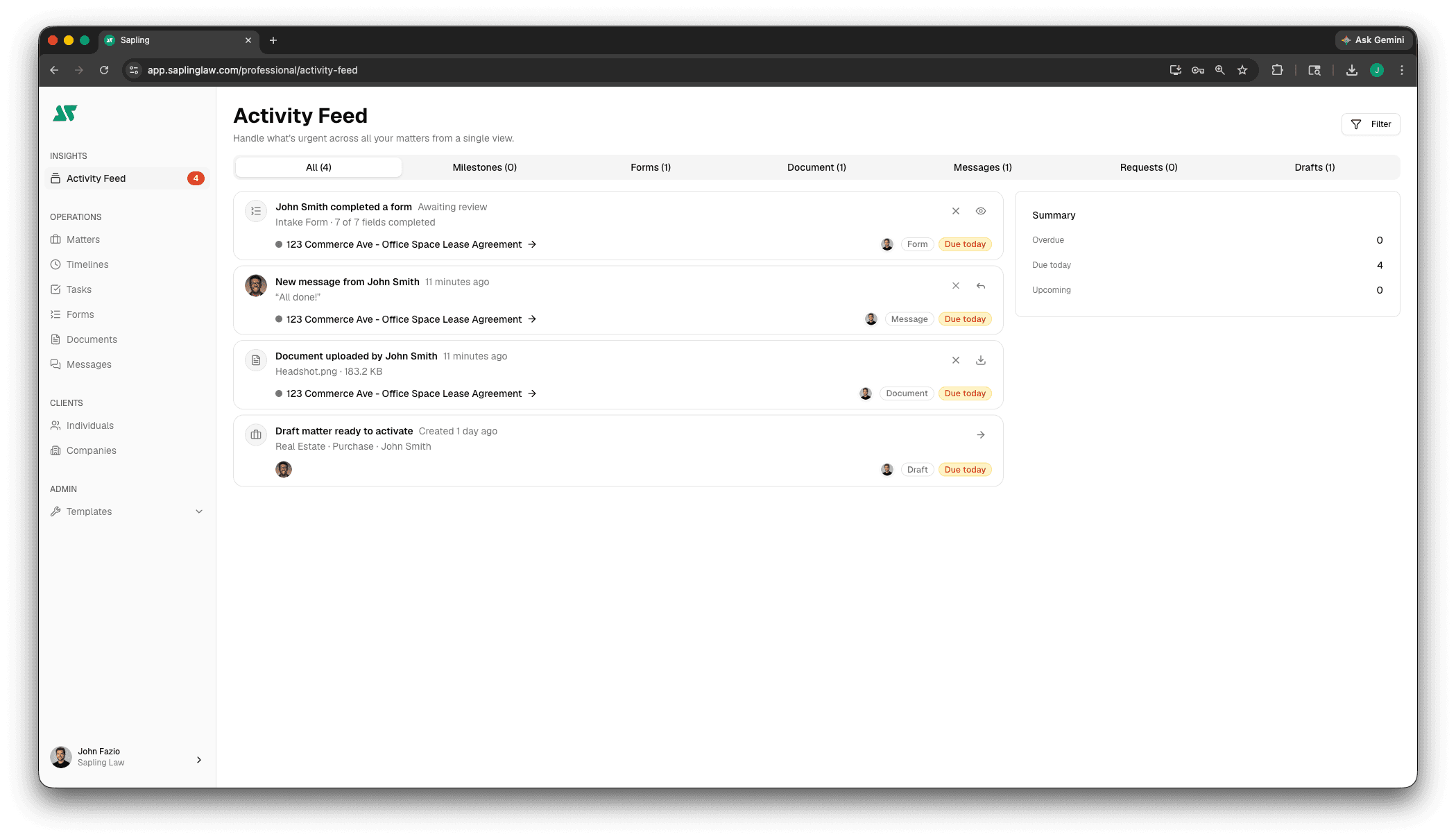 Sapling Activity Feed with forms, messages, documents, and draft matters